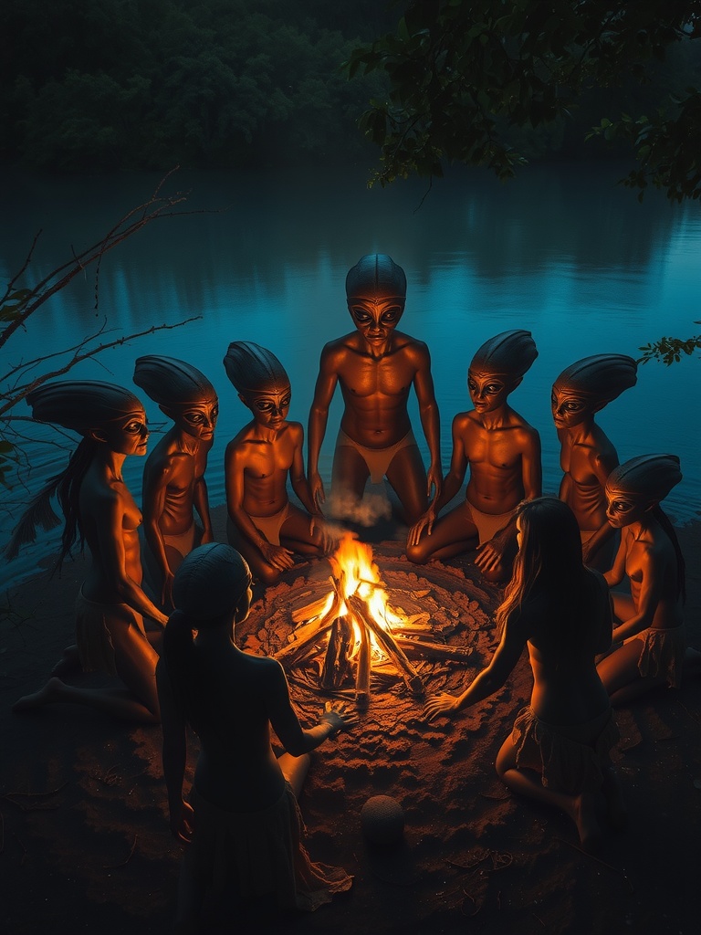 In a mystical scene set by a tranquil lake, a group of alien-like beings with elongated heads sit in a circle around a flickering campfire. The blue hue of the night contrasts with the warm glow of the fire, creating an ethereal atmosphere. The beings appear engaged in a ritual or deep conversation, surrounded by the natural beauty of lush greenery.