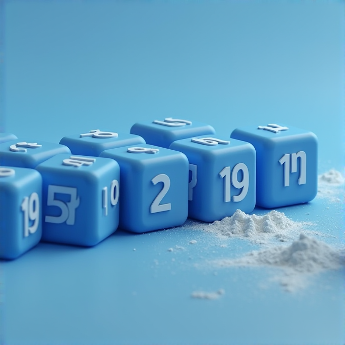 Blue cube blocks with white numbers are arranged on a blue surface with small piles of white powder nearby.