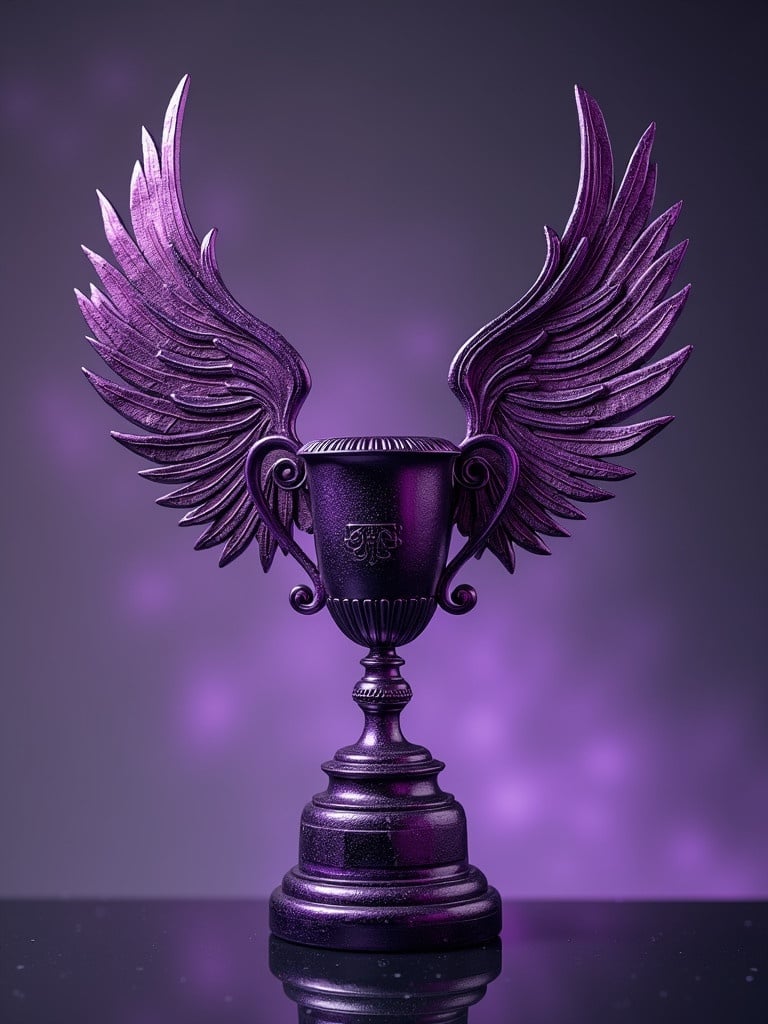 A purple trophy with intricate details and majestic wings. The trophy stands tall with a polished surface. Wings spread out gracefully from the cup. Background features a soft purple glow enhancing the scene. Focus on the craftsmanship and elegance of the design.