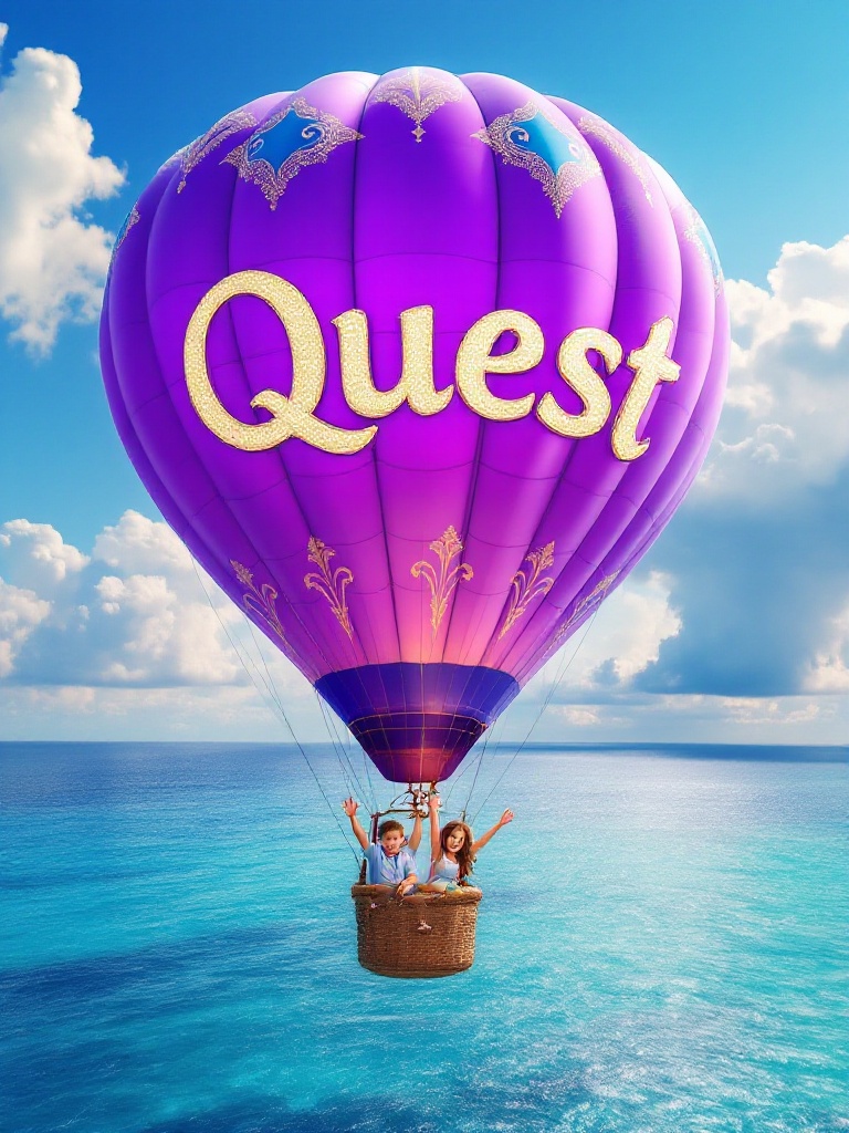 Purple hot air balloon with 'Quest' written in gold floats over turquoise waters. Inside are a boy and girl waving. The sky is blue with fluffy clouds. The sea sparkles in sunlight.