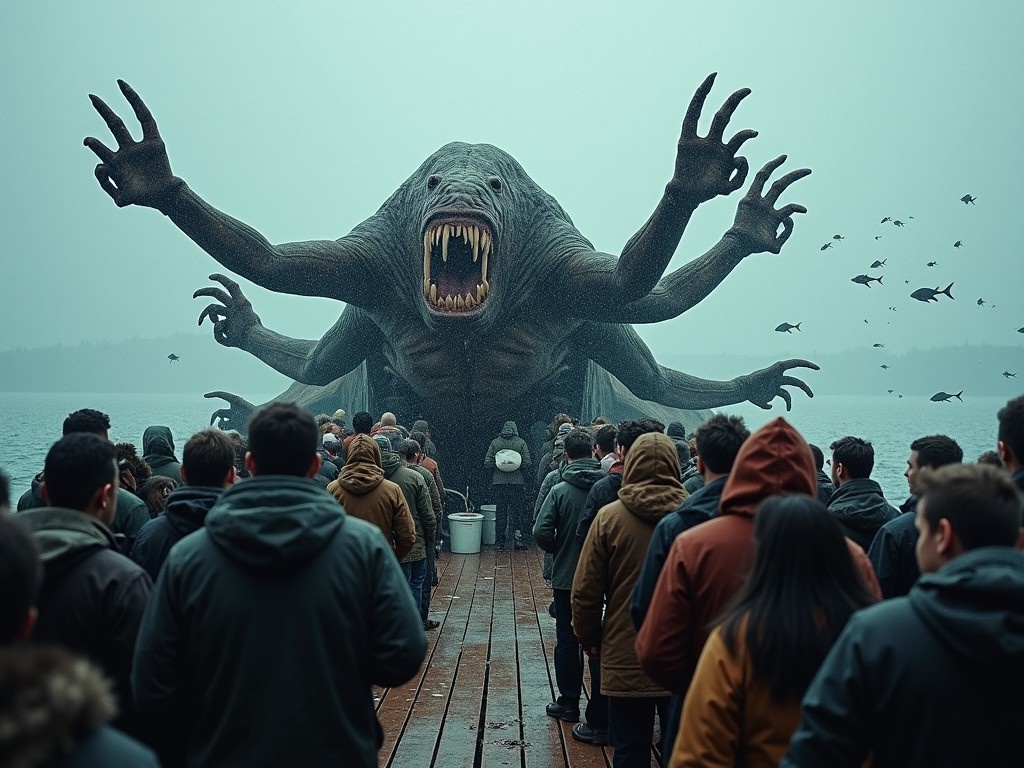 A crowded scene on the deck of a boat shows people facing a grotesque sea monster. The creature has multiple arms and an intimidating presence, creating an urgent atmosphere. The setting is dreary, with sleet falling, enhancing the eerie feel of the image. Fish can be seen swimming in the background, adding to the aquatic theme. This still image captures the tension of the moment, revealing how the crowd reacts to the monster before them.