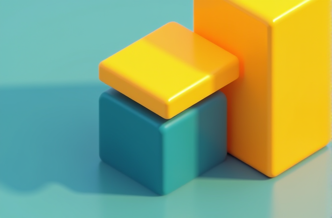 A 3D rendered image features two yellow geometric blocks, a cube and a rectangular prism, stacked on a teal cube against a teal background, casting soft shadows.