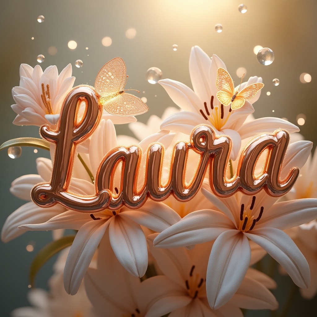 Rose gold butterflies with white lilies. Name 'Laura' in a large glowing metal font with subtle reflection.