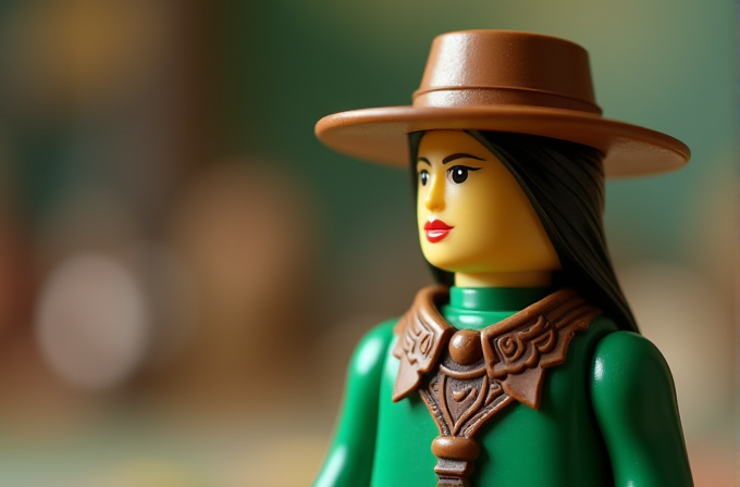 A toy figurine with a green outfit and brown hat stands against a blurred background.