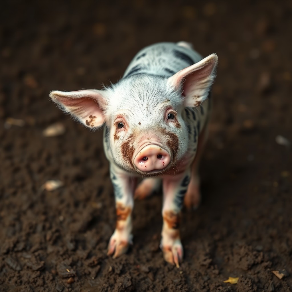 A cute piglet with black spots stands in a muddy area, looking curiously at the camera.