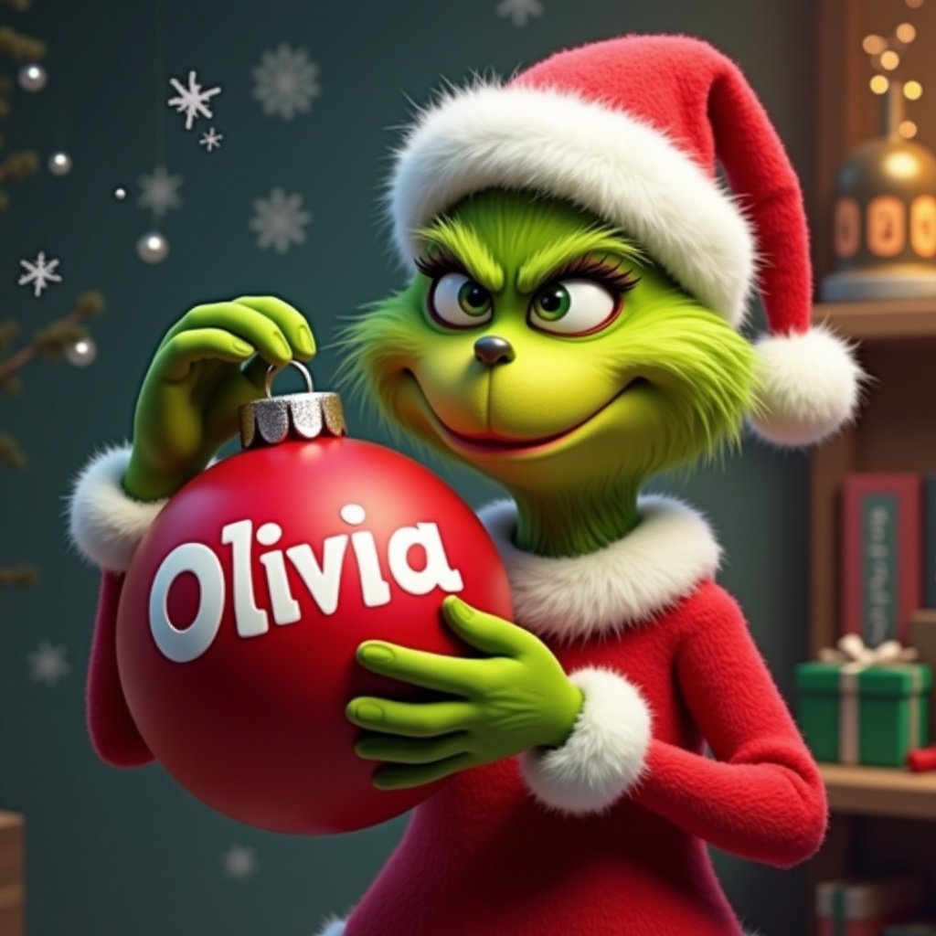 A Grinch character dressed in a Santa suit holds a red Christmas ornament with the name Olivia. The setting is festive with snowflakes in the background.