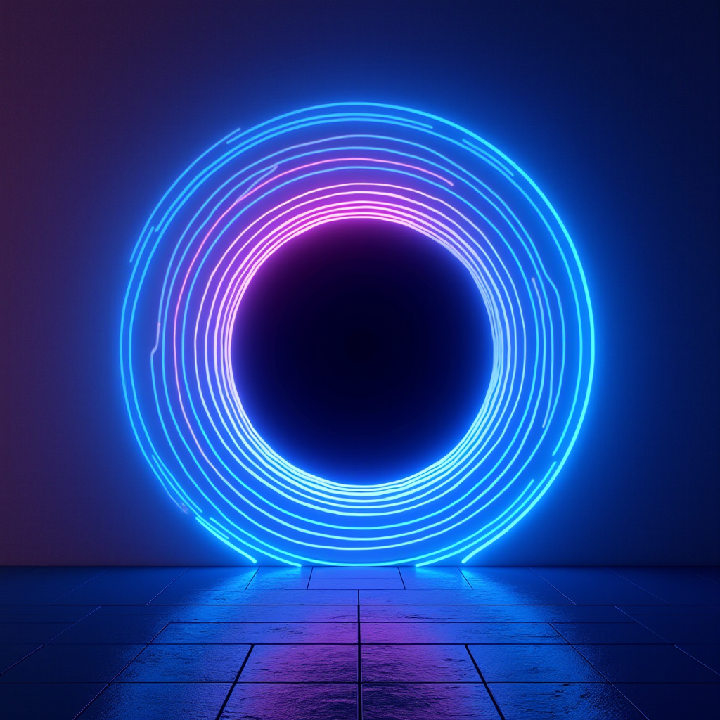 A glowing circle made of blue and pink neon lights stands in a dark room.