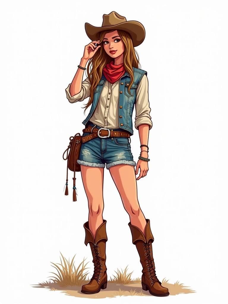 A clipart of a rodeo cowgirl. The cowgirl wears a cowboy hat. The outfit includes denim shorts and a denim vest. Accessories include a red bandana and a belt. The style is hand-drawn and bohemian. The illustration is isolated on a white background.