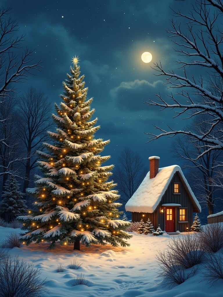 Christmas scene featuring a snow-covered cottage and decorated Christmas tree. Moonlight shines down on the landscape. Snow blankets the ground creating a peaceful atmosphere. Evergreen trees surround the house.