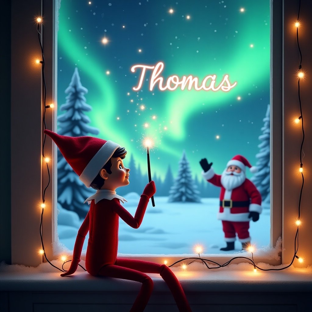 An enchanting Christmas scene with an elf by a window. The elf gazes up with wonder. A magical wand writes 'Thomas' in the sky. Outside is a snowy landscape with colorful northern lights. Santa waves joyfully in the distance. Twinkling lights adorn the window.