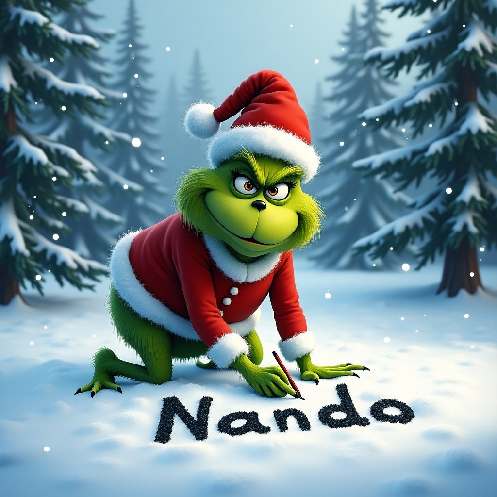 Image shows Grinch wearing Santa suit writing name Nando in fresh snow. Snow is gently falling. Scene is surrounded by tall snow-covered trees. Grinch has a cheerful expression. Captures holiday charm and magic.