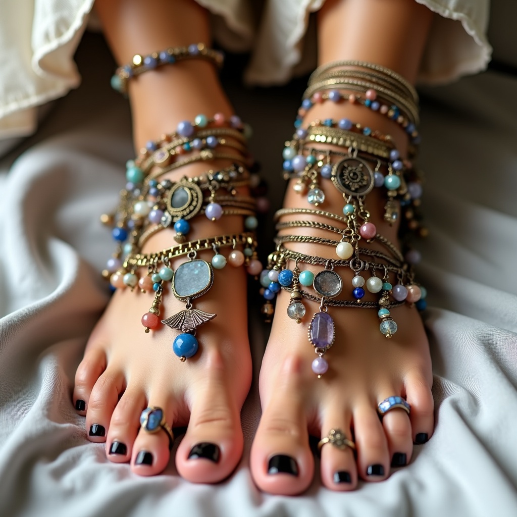 Feet with bohemian-style anklets and rings. Colorful beads and gemstones are visible. Black nail polish is applied. The background features soft, light-colored fabric.