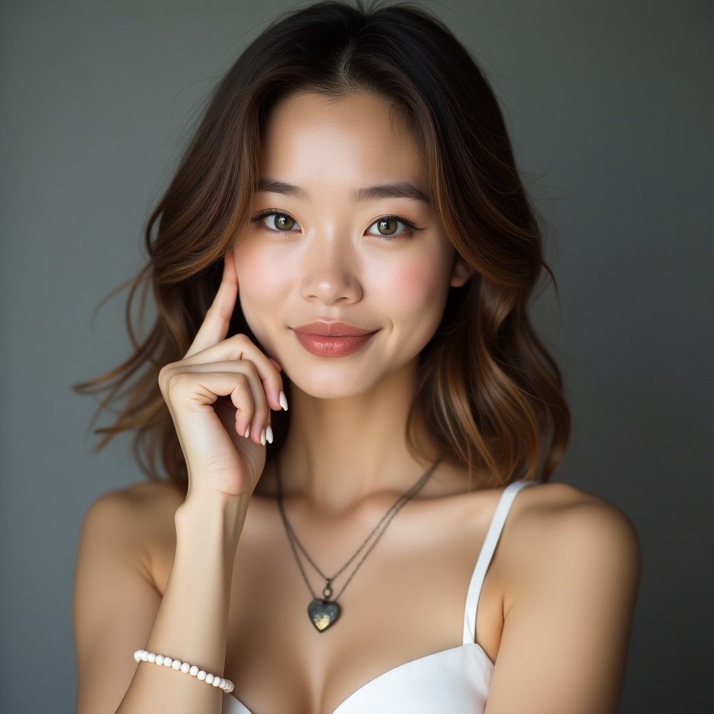 Stunning Asian American woman with a diamond-shaped face and shoulder-length wavy hair. Her hair has brown tones with lighter highlights. She has silver-gray eyes with green hints, well-shaped eyebrows, and high cheekbones. She wears a simple white strappy blouse. She poses with hand under chin, showcasing a French manicure and a delicate heart pendant necklace. The background is medium gray with soft lighting and subtle shadows. The focus is on her bright eyes and lips.