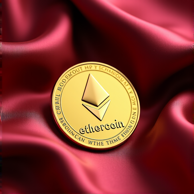 A gold coin labeled 'ethercoin' rests on luxurious red silk fabric.