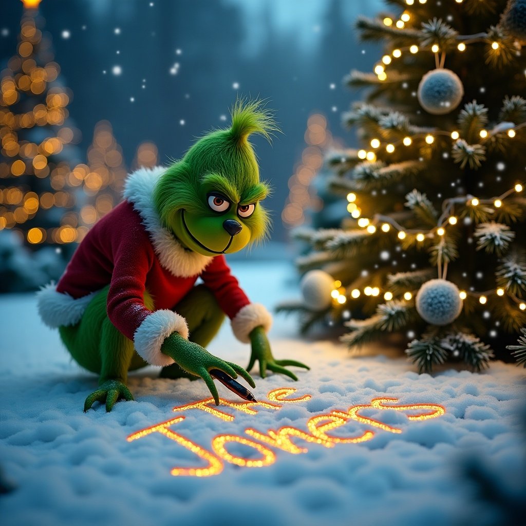 Grinch writing name The Joiners in snow outside with Christmas trees that have twinkly lights on them