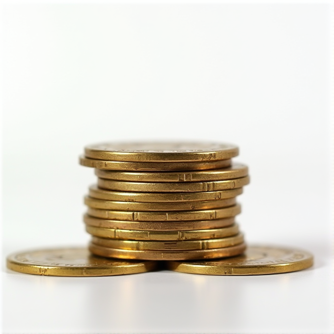 A neatly stacked pile of golden coins with a clear, white background.