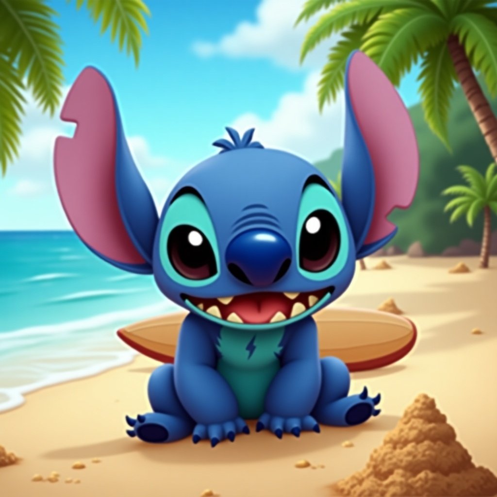 Colorful image of Stitch from the animated series. Character sits on the beach surrounded by sand and palm trees. Bright and cheerful atmosphere.