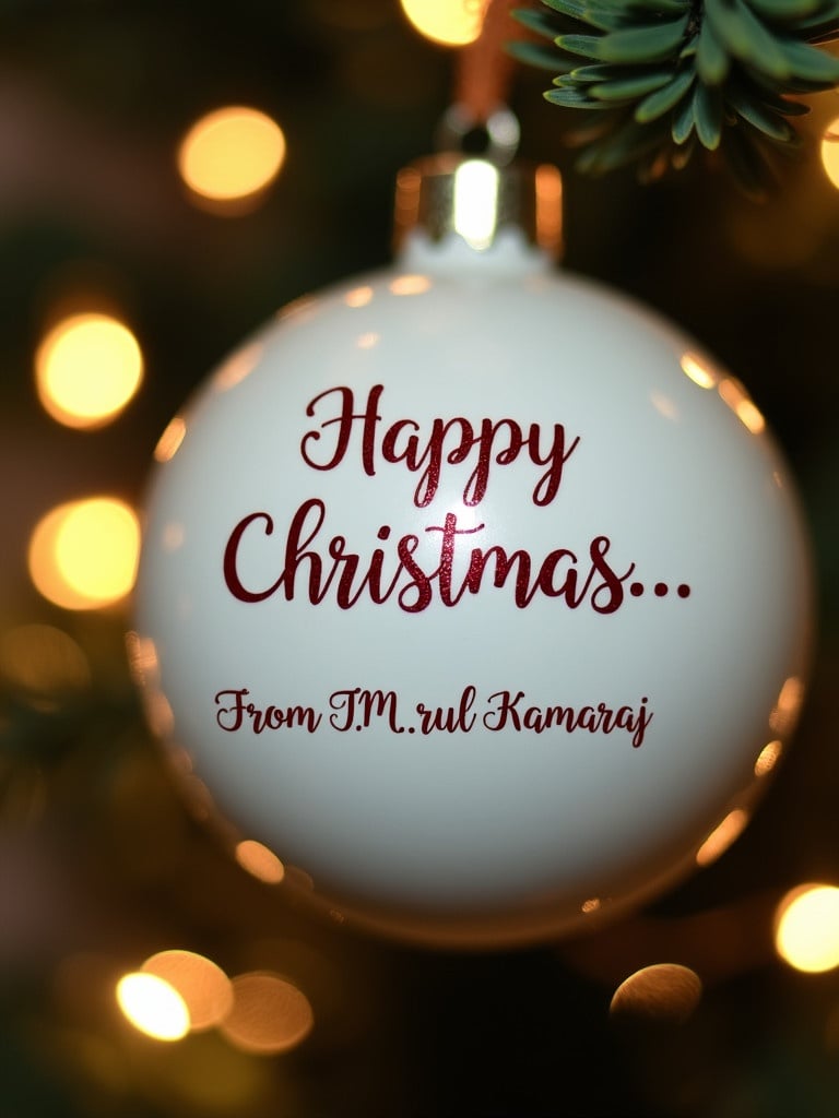 Close-up of a white Christmas bauble with festive text. Bauble features the message 'Happy Christmas...From J.M.Arul Kamaraj'. Twinkling lights create a magical background blur.