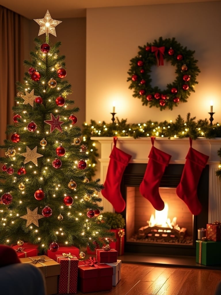 Cozy living room decorated for Christmas. Features a beautifully lit Christmas tree. Tree has red and gold ornaments. Twinkling lights on the tree. Fireplace decorated with stockings. Gifts placed under the tree. Christmas wreath hangs on the wall.