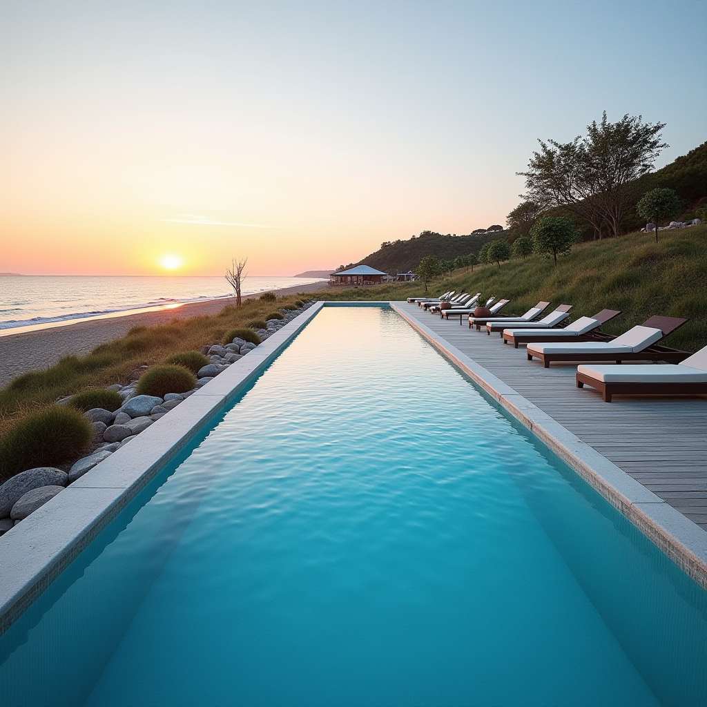 The image depicts a luxurious infinity pool located along a scenic coastline. The pool is elongated, with clear, tranquil waters reflecting the soft hues of the setting sun. A series of comfortable lounge chairs, evenly spaced, line the wooden deck to the right of the pool, facing the ocean. The beach is sandy and bordered by patches of greenery and smooth stones. In the background, the sun is setting over the horizon, casting a warm glow across the scene. There is a subtle presence of greenery, including trimmed bushes and distant trees, enhancing the serene atmosphere.