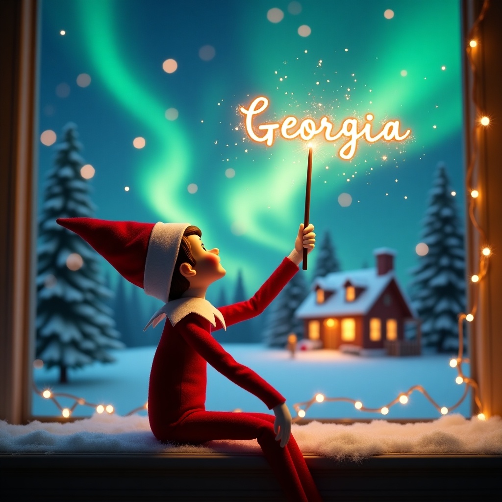 An elf on the shelf sits with its back to the viewer, gazing skyward. It holds a glowing wand that emits sparkling light. The background showcases a charming Christmas scene with colorful northern lights swirling above. In the distance, a cozy house decorated for the holidays can be seen. Snow covers the ground, adding to the winter atmosphere. The elf embodies the spirit of magic and wonder associated with Christmas. The name 'Georgia' is written in the air using the wand, creating a sense of holiday cheer.