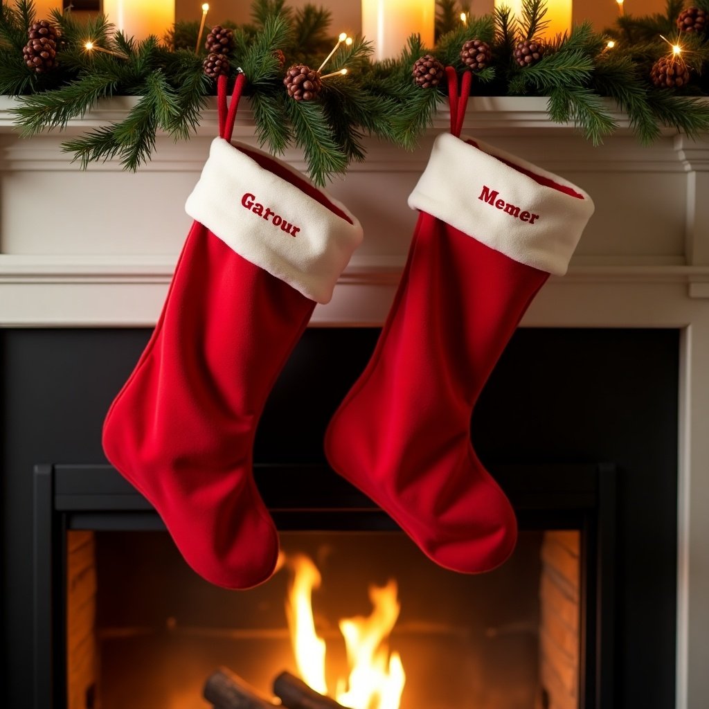 Two red Christmas stockings hanging on a fireplace. Stockings are personalized with names. Fireplace is lit with a warm glow. Surrounding decorations include garlands and candles.