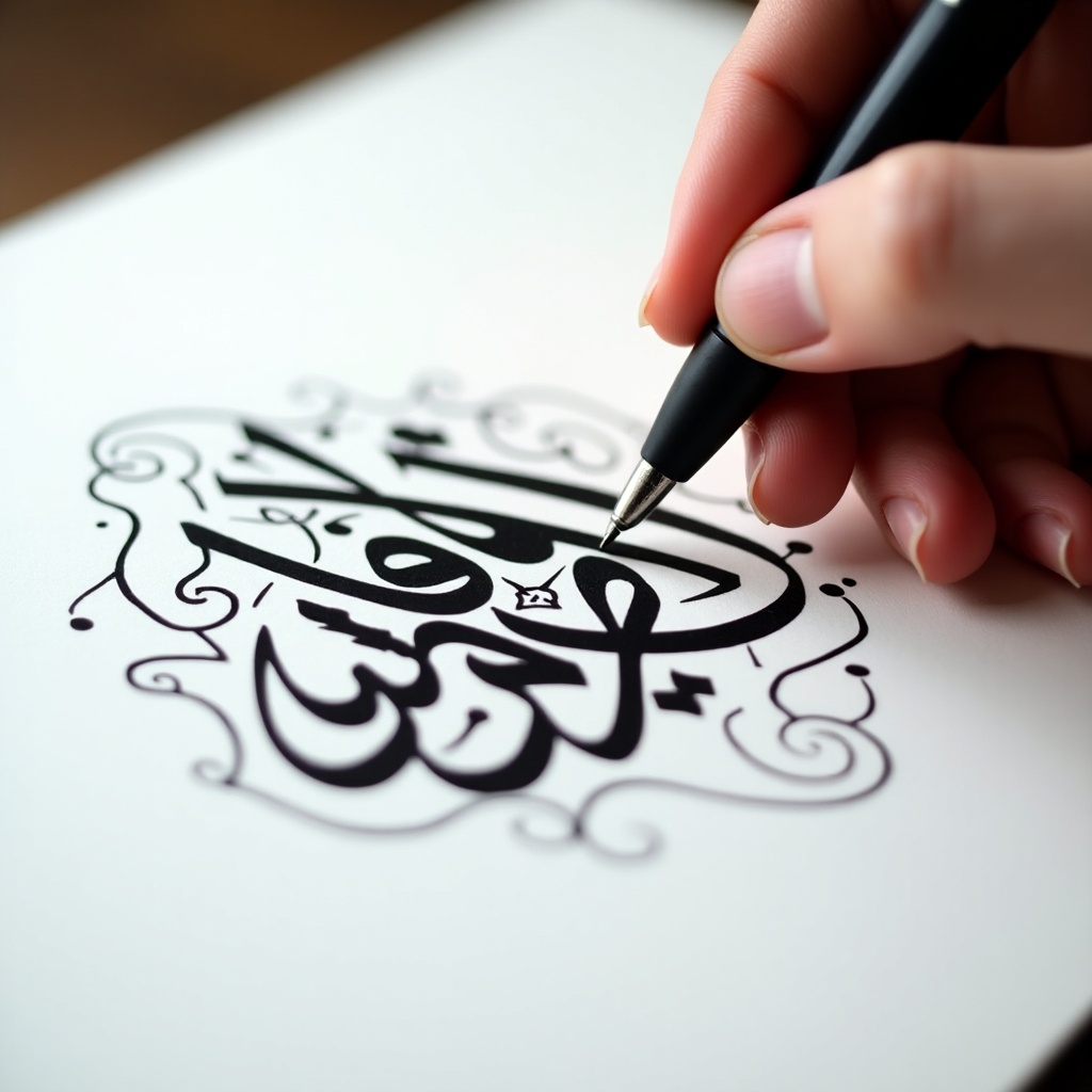 Close-up of hand writing Arabic calligraphy with pen. Bold black ink on white paper. Designs surround main calligraphy. Soft light enhances strokes.