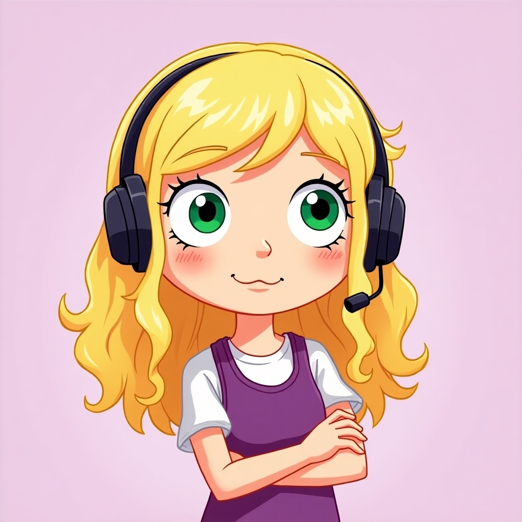 Cartoon female character designed in Family Guy style. Character features wavy blonde hair with bangs and headphones. She has green eyes and a playful expression. Bright colors used with a cheerful lilac background.