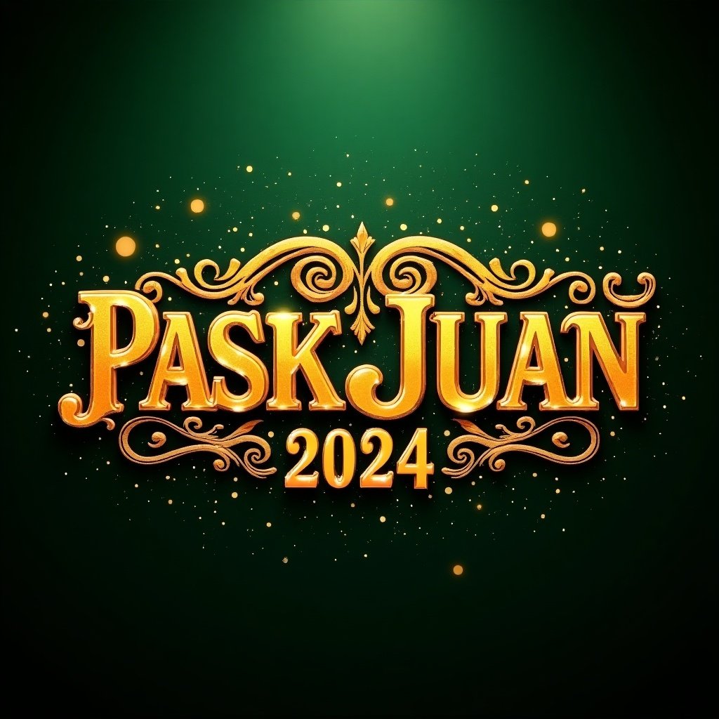 Richly embellished golden lettering for 'Pask Juan 2024' with intricate designs. Set against a dark green background with glowing particle effects.