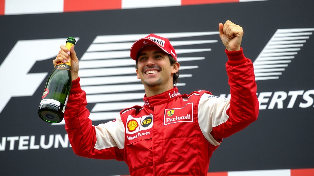 A racing driver stands jubilantly on a podium, holding a bottle of champagne with a victorious expression. The driver is dressed in a red racing suit with sponsors' logos, celebrating a victory at a Formula 1 event. The backdrop features the iconic Formula 1 logo, adding to the celebratory atmosphere.