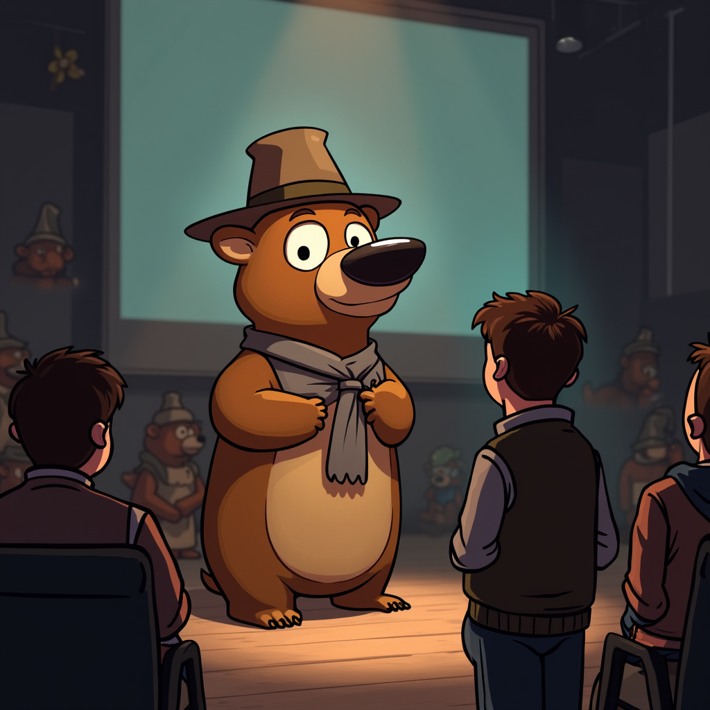 A cartoon bear wearing a hat and scarf gives a presentation to an audience.