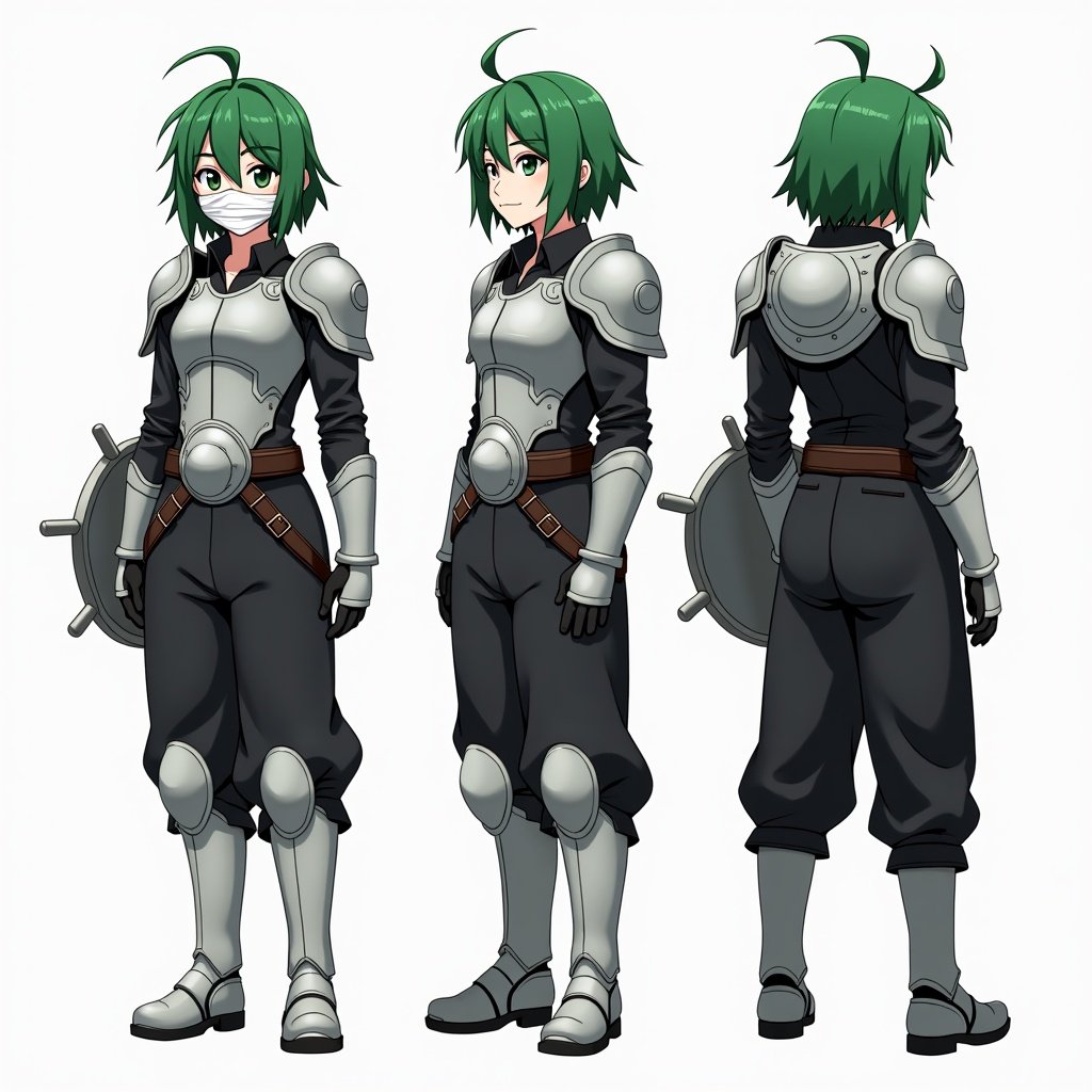 Anime mercenary tomboy with green hair. Bangs styled in curtain. White bandaged face mask. Silver metal shoulderpads. Silver chestplate worn over black shirt. Metal gauntlets on arms. Black slightly baggy pants with a large black belt. Huge silver belt buckle at front. Silver shield attached to side of belt. Character shown from front, side and back views.