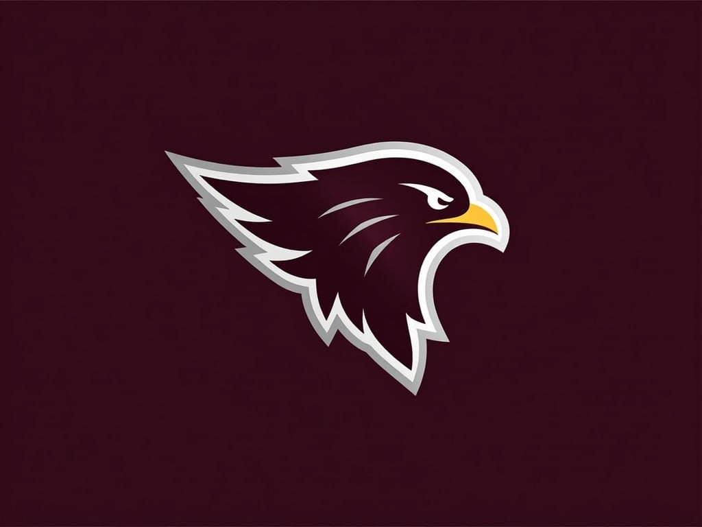 This image features a logo of a falcon, which is stylized with sharp angles and sleek lines. The color scheme consists of a dark maroon background and a silver outline. The falcon has a distinct profile, showcasing a sharp beak and intricate feather details. It appears dynamic and aggressive, suggesting speed and power. The logo is likely associated with a sports team or organization, reflecting team spirit and identity.