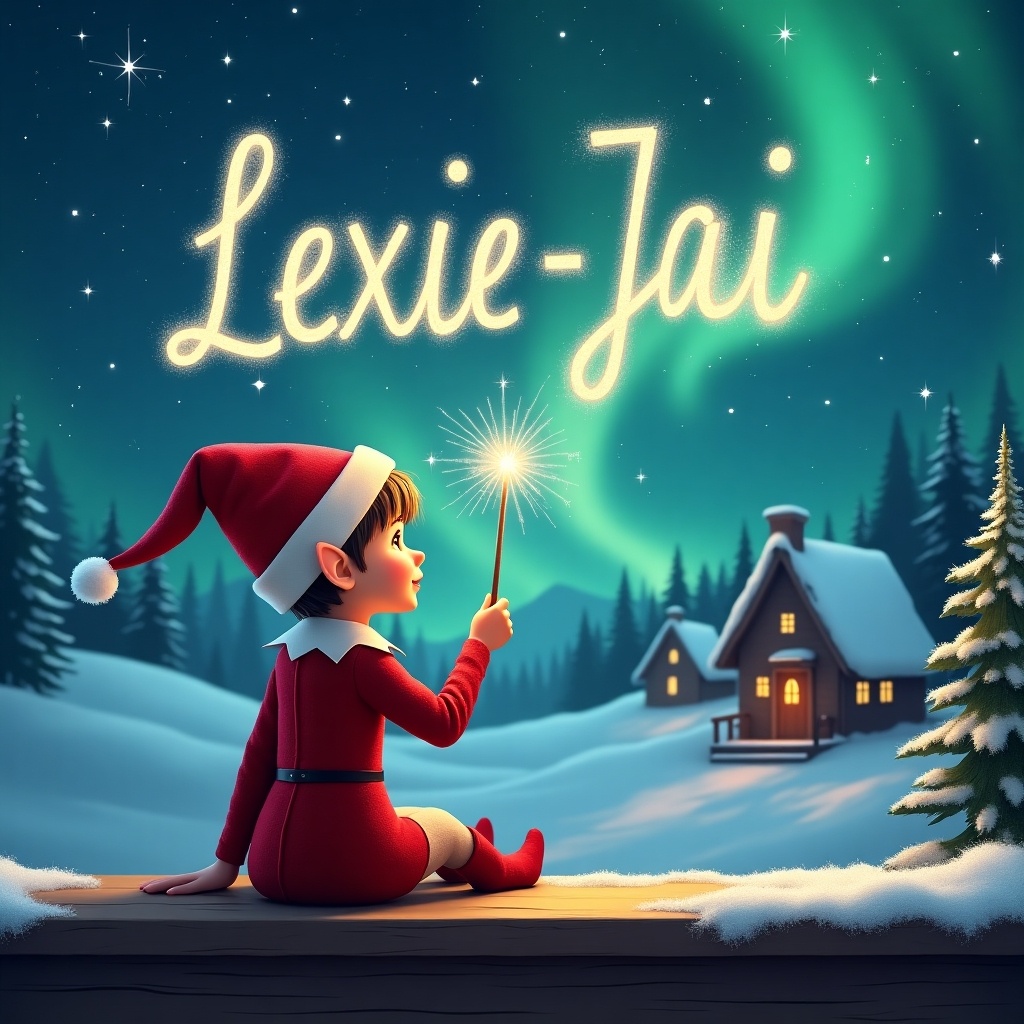 An elf sits on a wooden ledge with its back to the camera. Elf gazes at a magical sky. Elf dressed in red outfit with a pointed hat holds a sparkling wand. With wand, elf writes Lexie-Jai in the starry sky. Background features snowy landscape with charming houses and evergreen trees under Northern Lights.