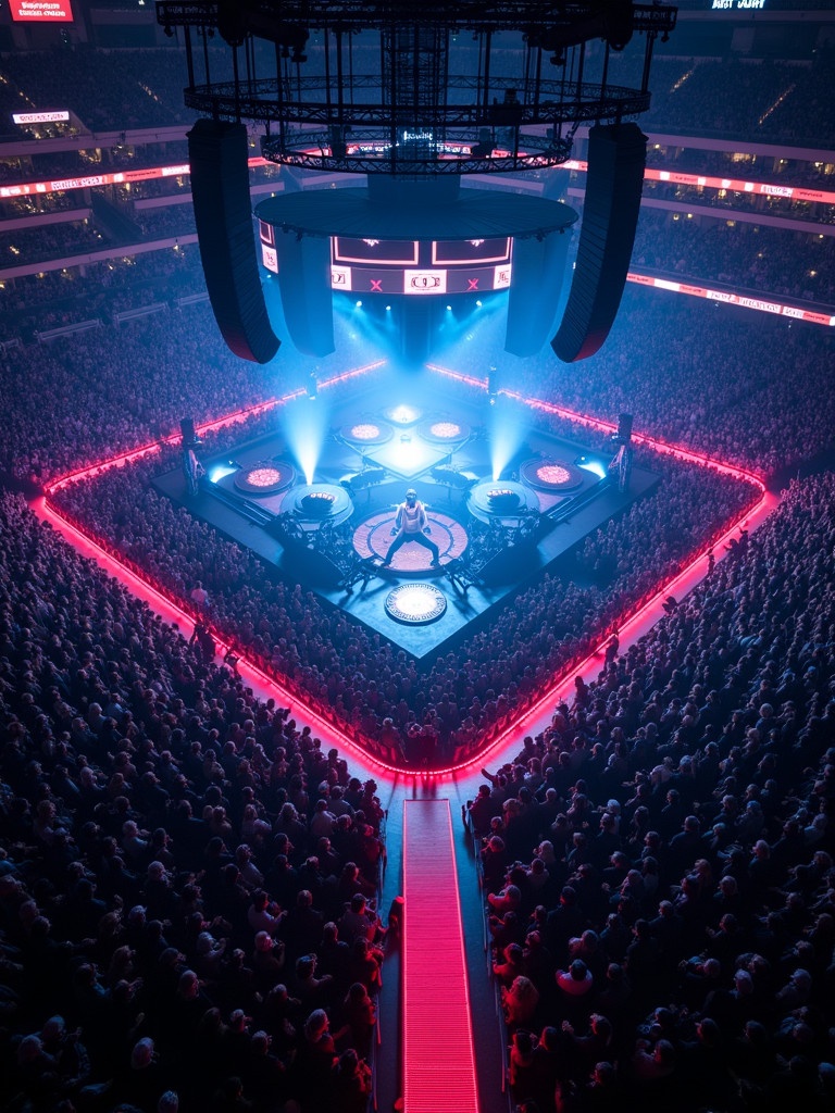 Travis Scott performing at Madison Square Garden on a stage with a T-shaped runway. The view is from a drone looking down at the stage and the crowd. The stage is illuminated with blue and red lights. A large crowd surrounds the stage enjoying the performance.