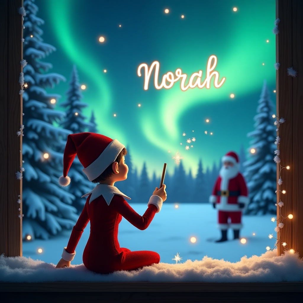 An elf on the shelf is seen from behind, looking towards a stunning winter landscape. The elf is in a classic red outfit with a cute hat. With a wand in hand, it writes 'Norah' in the sparkling sky. The northern lights glow beautifully above, filling the scene with vibrant colors. In the distance, Santa Claus is visible among snow-covered trees. This enchanting image embodies the spirit of Christmas and the joy of the holiday season.