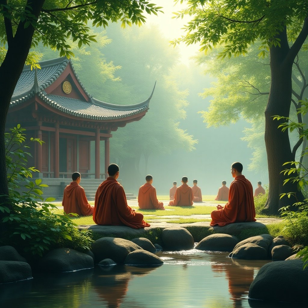 Buddhist monks meditating in a serene forest setting. Traditional architecture in the background. Soft natural lighting enhances serenity. Calm water reflects the peaceful environment.