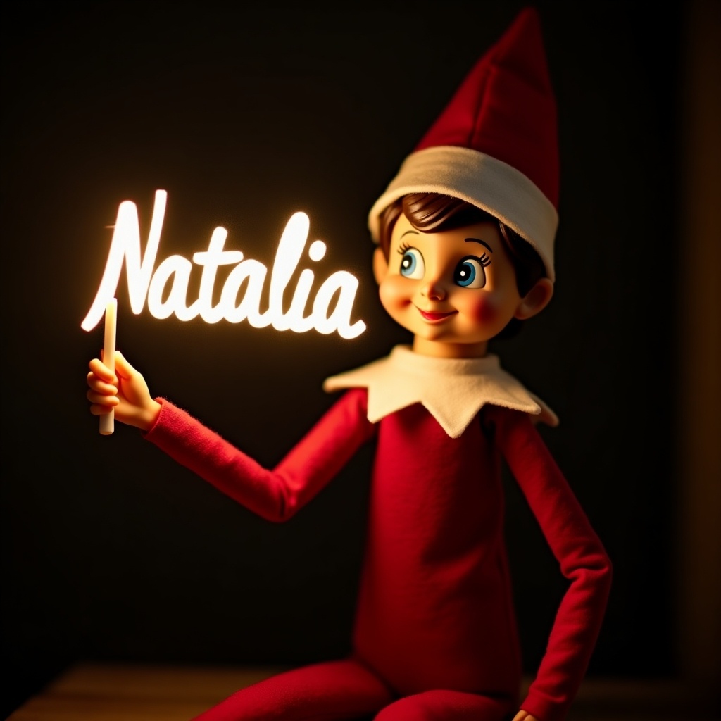 This image features a festive elf on the shelf character, dressed in red and white. The elf is holding a glowing stick that writes the name 'Natalia' in bright light. The background is intentionally dark, making the glow stand out prominently. This creates a warm and inviting atmosphere, reminiscent of holiday joy. The scene captures the magic that is often associated with Christmas celebrations and traditions.