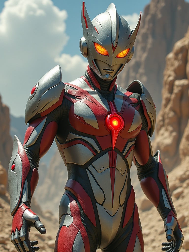 Ultraman stands in a dramatic pose. The character has glowing orange eyes and a red chest emblem. The background features rugged mountains under a bright sky. The Ultraman suit is shiny and detailed. He is prepared for battle against kaiju.