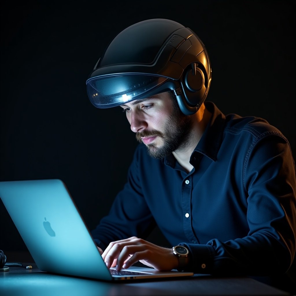 A man wearing a high-tech helmet works intently on a laptop under focused lighting.