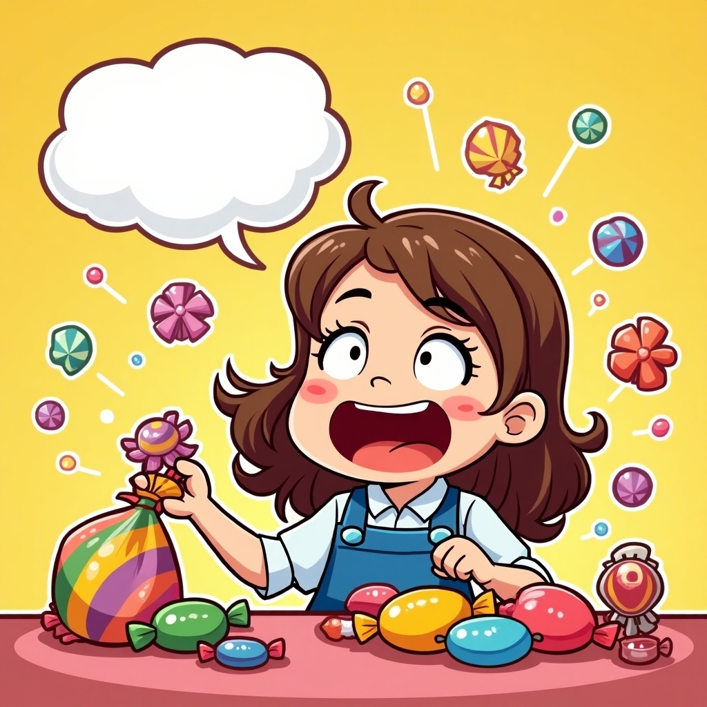 A cheerful girl is excitedly holding a bag of colorful candies. Bright background with a speech bubble and candies floating around. Looks like a playful and whimsical scene.