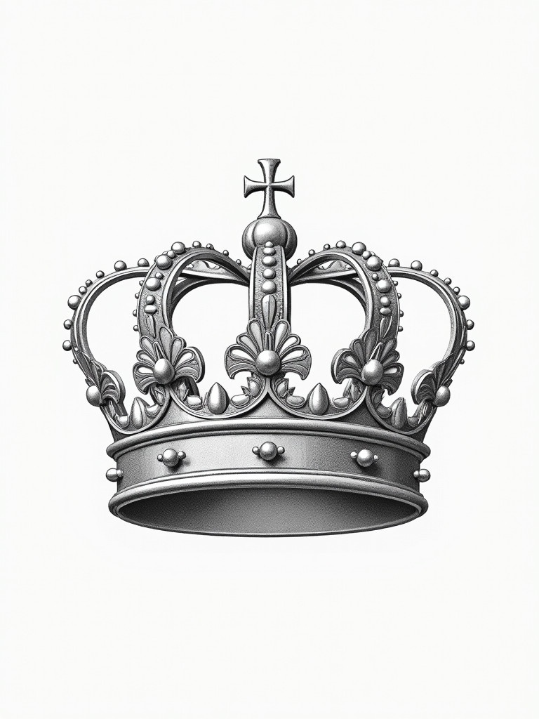 Detailed crown drawing. Crown features intricate designs including jewels and cross. Crown appears polished and symmetrical.