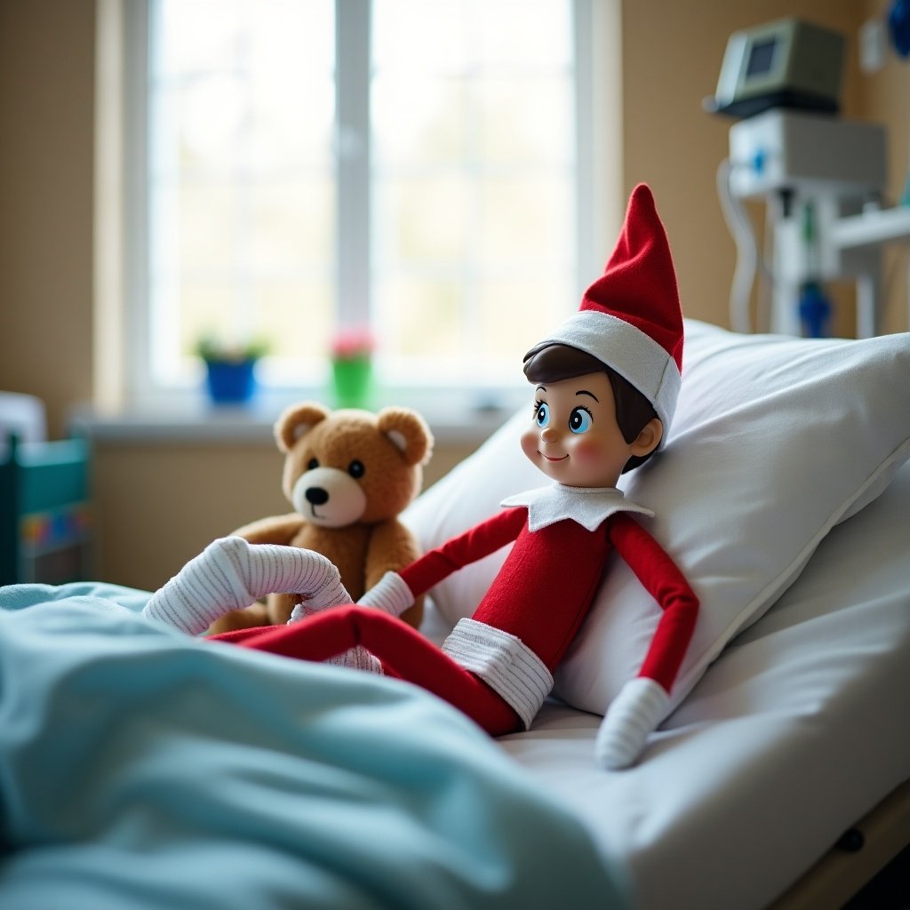 Elf on the shelf doll in a hospital bed with bandages. Hospital room features medical equipment. Soft light comes through the window. Calm atmosphere in pediatric ward. Teddy bear beside the elf. Bright and colorful setting.