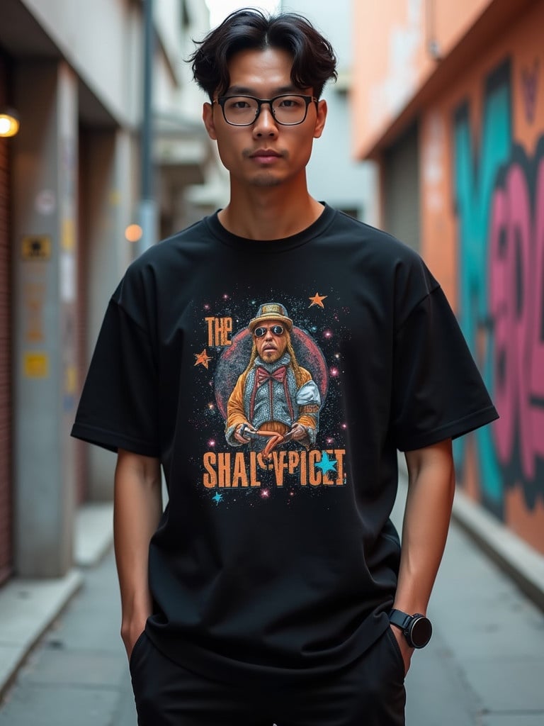 A confident East or Southeast Asian male model wearing a black streetwear T-shirt with bold graphic designs. The model stands in an urban setting with graffiti walls and minimalist streets. The atmosphere has an edgy streetwear vibe with realistic lighting. The composition emphasizes the apparel in a mid-shot.