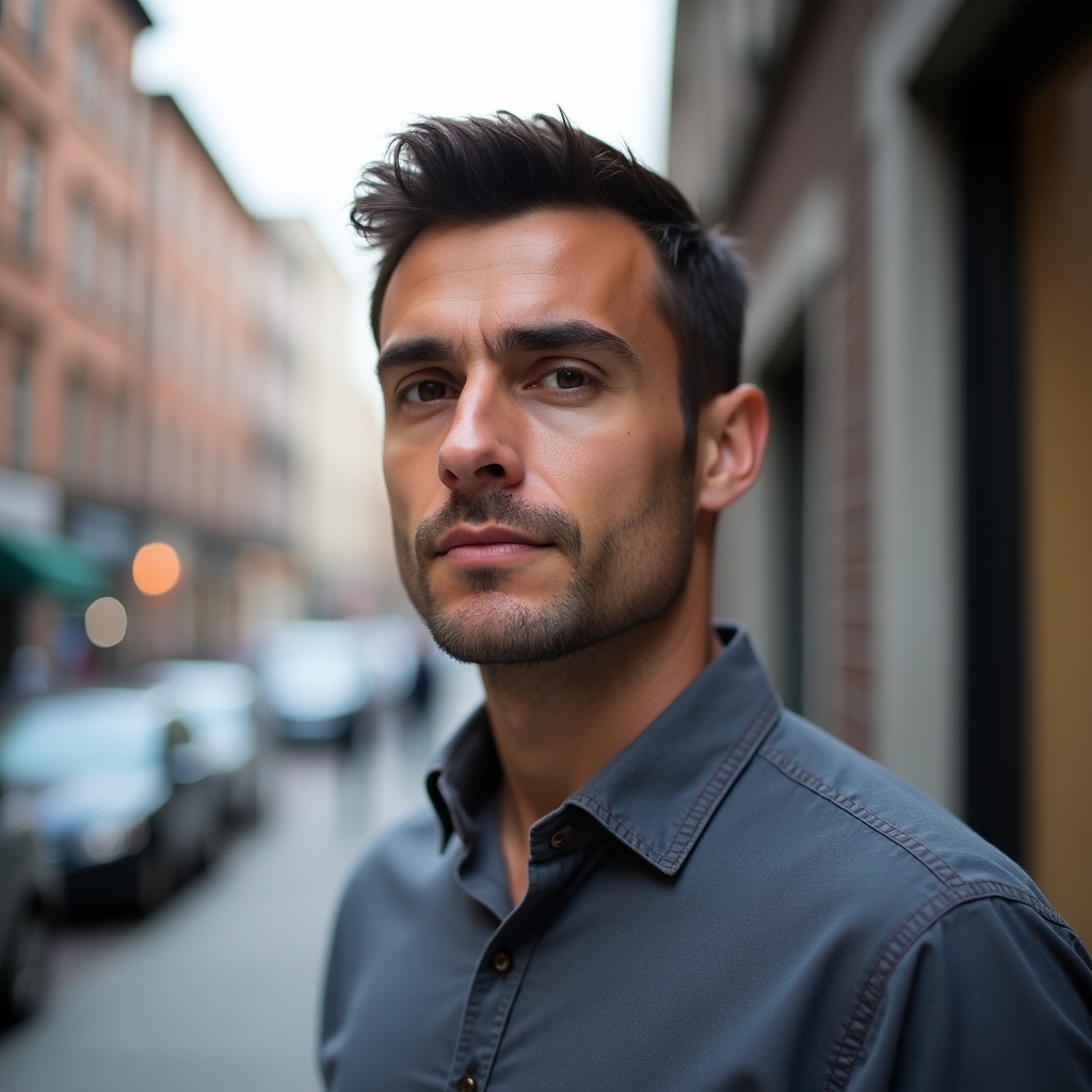 This image features a man standing confidently in an urban setting. He has short, stylish hair and a well-groomed appearance. His expression is serious but approachable, evoking a sense of confidence. He is wearing a gray button-up shirt, which adds to his modern look. The background consists of blurred buildings and vehicles, hinting at a lively city atmosphere.