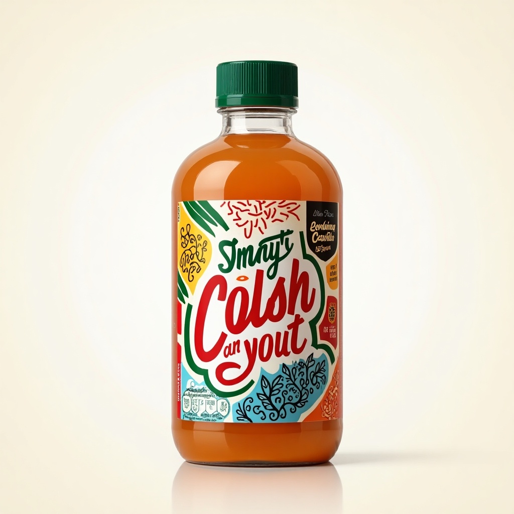 Bright bottle label featuring vibrant colors. Displays a unique design and text. Highlights a beverage product. Focus on the overall aesthetics of the label.