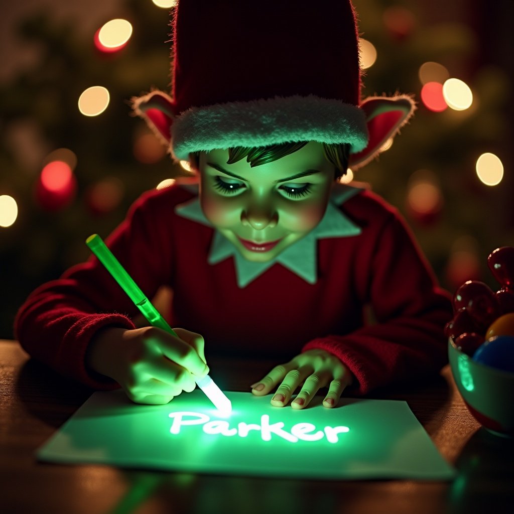 A child dressed as a Christmas elf is sitting at a table, deeply focused on writing the name 'Parker' with a glowing green stick. The elf wears a classic red outfit with a white collar and a pointed hat. The background is softly blurred, showcasing a Christmas tree adorned with lights in warm tones. The scene is filled with a magical atmosphere, enhanced by the illumination of the writing. The child's expression is one of concentration and joy, embodying the spirit of the holiday season.