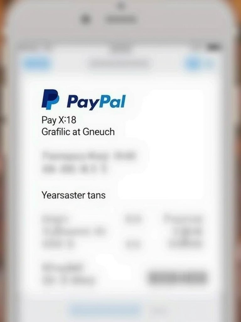 PayPal payment receipt displayed on a smartphone. Shows transaction details. Features PayPal logo, payer information, transaction amount, and number. Designed for online payments. Clear and professional layout.