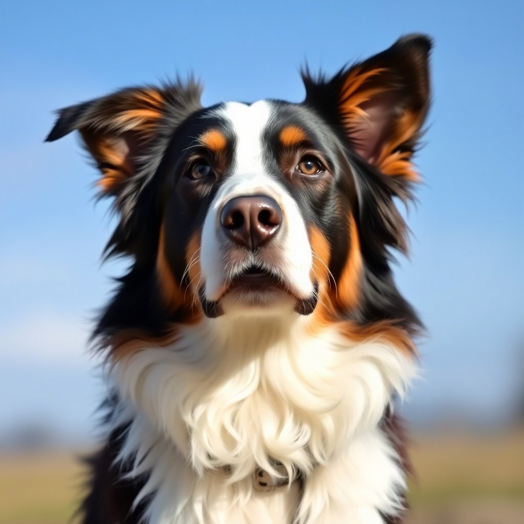 A highly detailed and realistic portrait of a Border Collie dog outdoors with a clear blue sky backdrop.