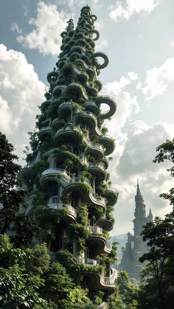 A high detailed futuristic architecture tower resembles M.C. Escher's style. Tower is entwined with abundant plants. The overall mood is surreal with dramatic lighting.